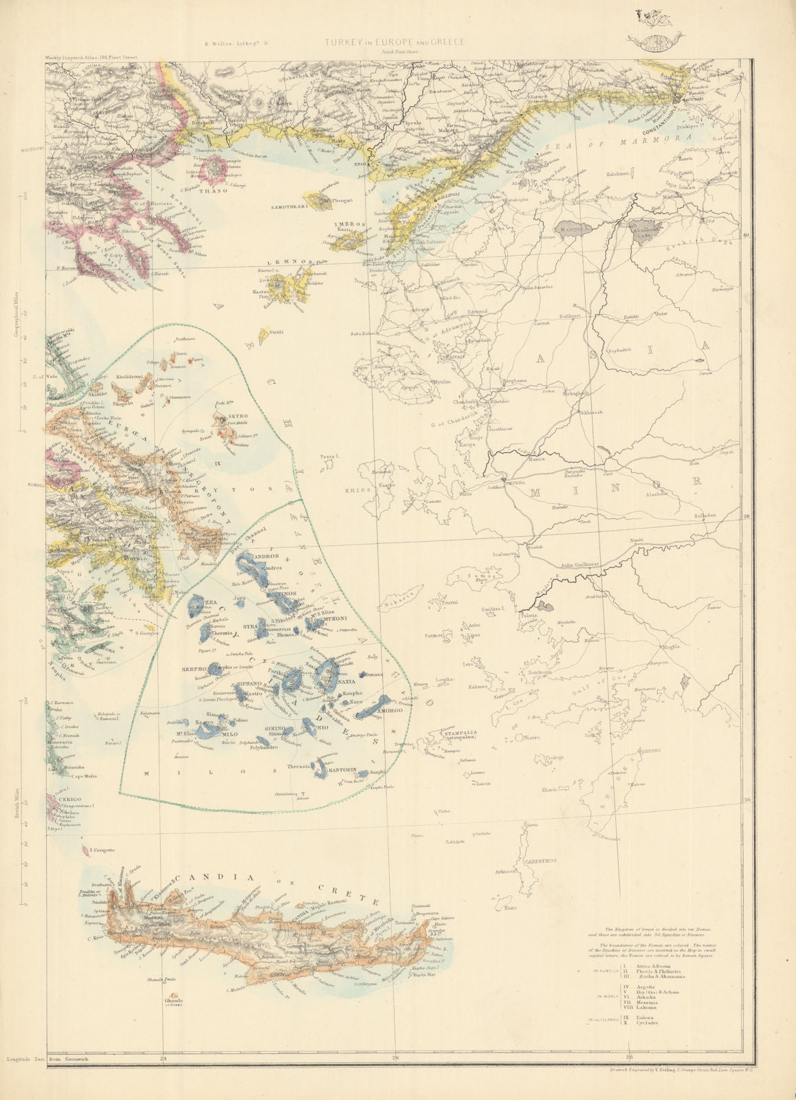 AEGEAN ISLANDS Cyclades Crete Sporades Dodecanese Euboea. ETTLING 1863 old map